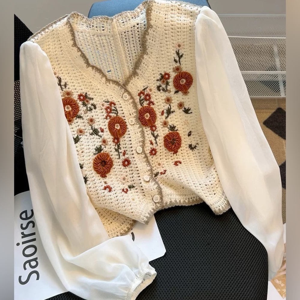 Embroidered Floral Knit Cardigan with White Sleeves women